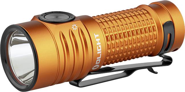 Une lampe de poche compacte orange avec poignée texturée et clip, de marque « Olight », conçue pour la portabilité et l'utilisation quotidienne.
