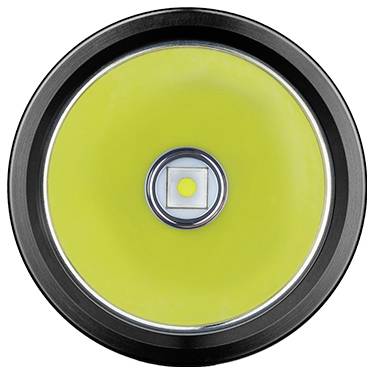 Un gros plan d'une ampoule LED brillante avec une surface lumineuse jaune circulaire, encadrée par une bordure noire, mettant en évidence sa diode centrale.