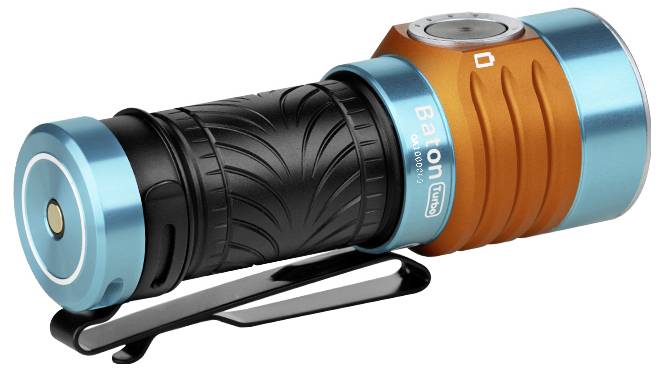 Une lampe de poche compacte aux finitions turquoise et orange, dotée d'une poignée noire texturée et d'un clip pour un attachement facile.