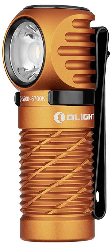 Lampe de poche compacte orange avec clip et poignée texturée, marquée 'Olight'.
