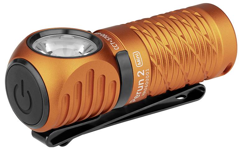 Lampe de poche orange avec une poignée texturée et un clip, étiquetée « Perun 2 Mini ». Présente un design courbe et un bouton d'alimentation sur le côté.