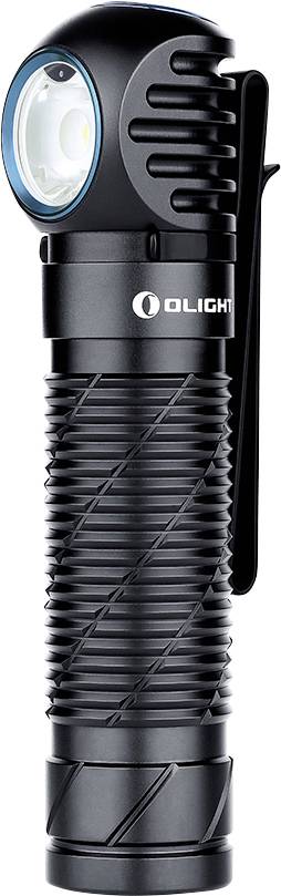 Une lampe de poche noire et portable avec un anneau bleu autour de la lentille, une poignée texturée et un clip de poche attaché, de marque « Olight ».