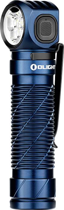 Une lampe de poche compacte bleue à angle droit avec une poignée texturée et un clip métallique, conçue pour une utilisation polyvalente sans les mains.