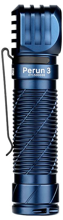 Une lampe de poche bleue avec une prise cannelée et un clip latéral. Elle porte l'étiquette « Perun 3 » et semble avoir un design compact et robuste.
