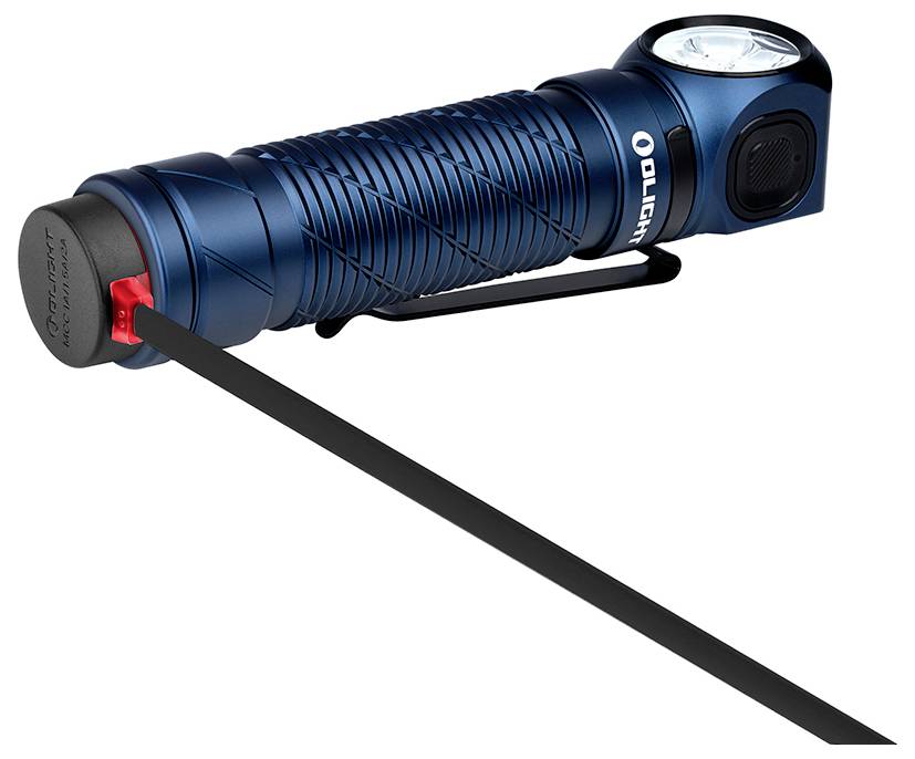 Une lampe de poche portative bleue avec une poignée texturée, un interrupteur latéral et une pince sur le côté.