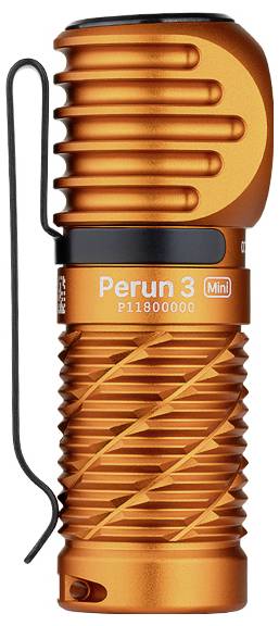 Lampe de poche orange compacte avec un design à nervures et un clip noir. Marquée « Perun 3 Mini » sur le côté.