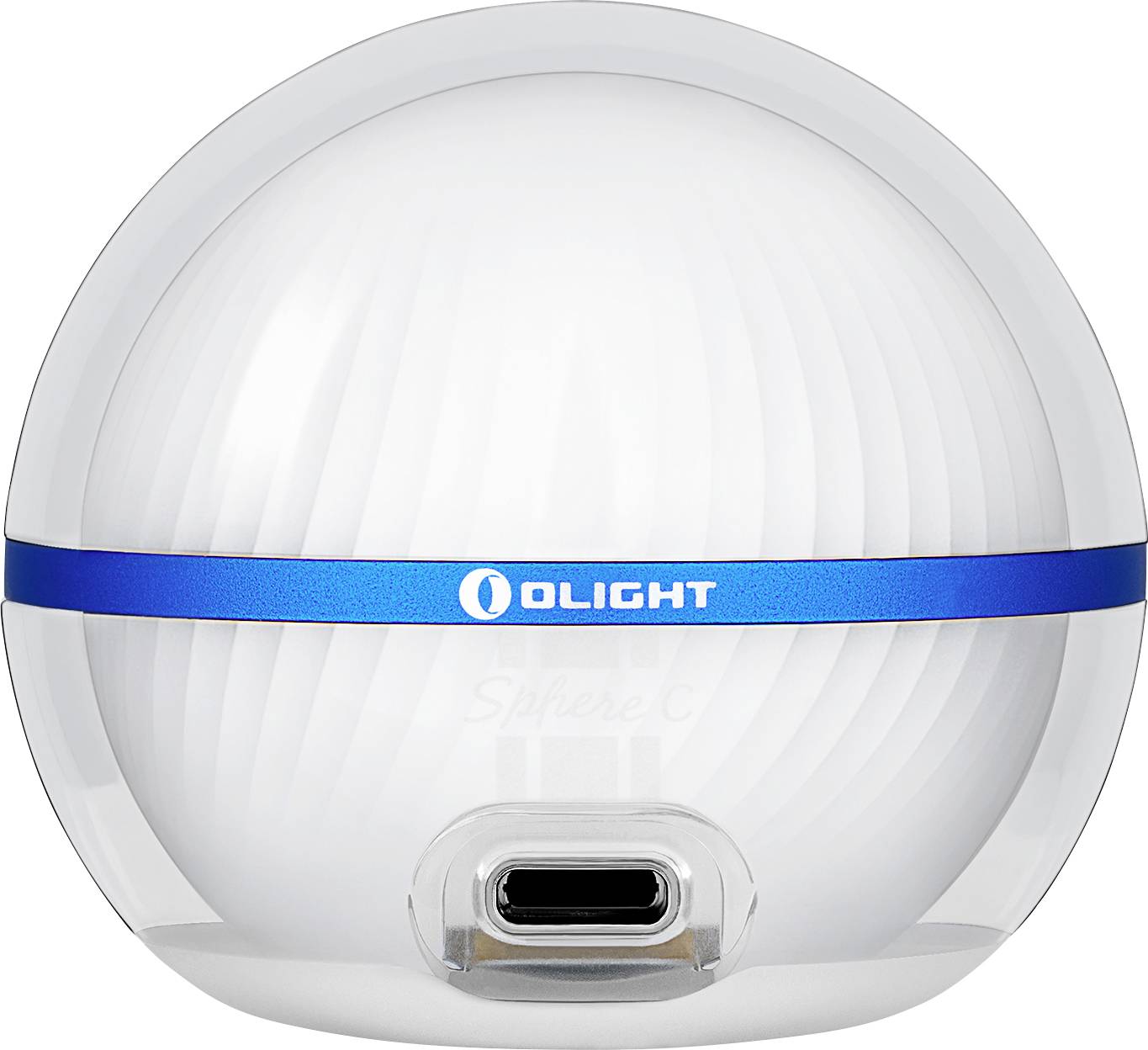 Une lanterne rechargeable ronde et blanche avec une bande bleue portant l'étiquette « OLIGHT ». Elle est dotée d'un port de recharge USB-C à l'avant.