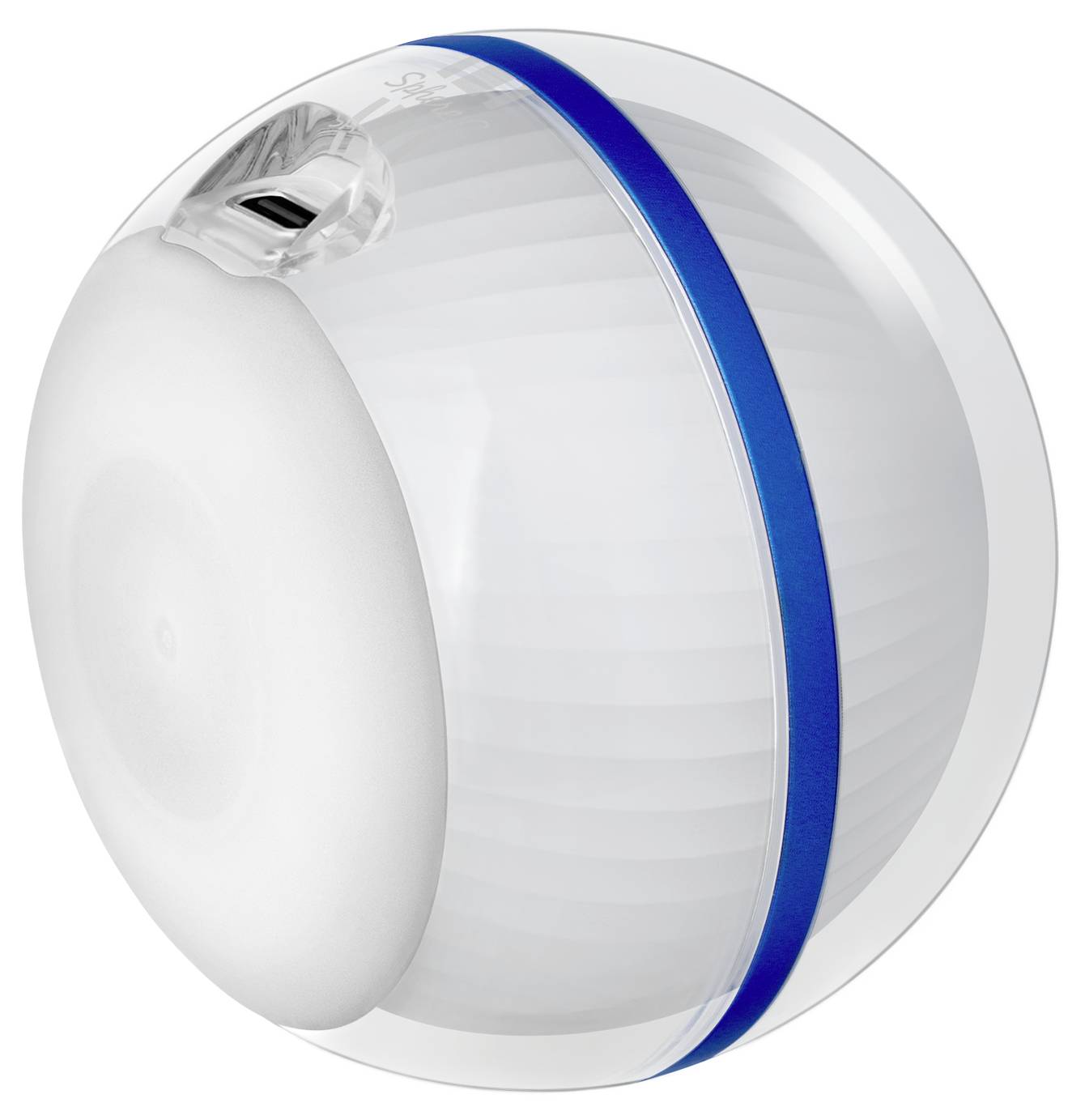 Un appareil sphérique blanc et transparent avec une bande bleue l'encerclant, doté d'un port USB sur le dessus.