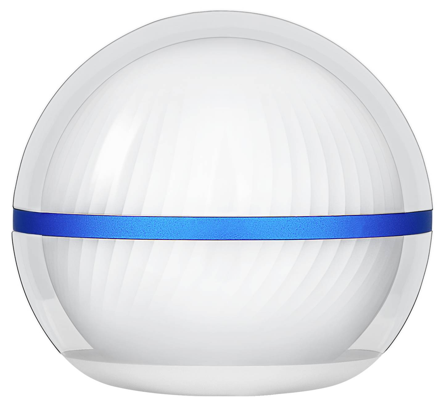 Un dispositif robotique sphérique avec un corps blanc, une bande centrale bleue et une texture horizontale subtile, utilisé pour des tâches domotiques avancées.