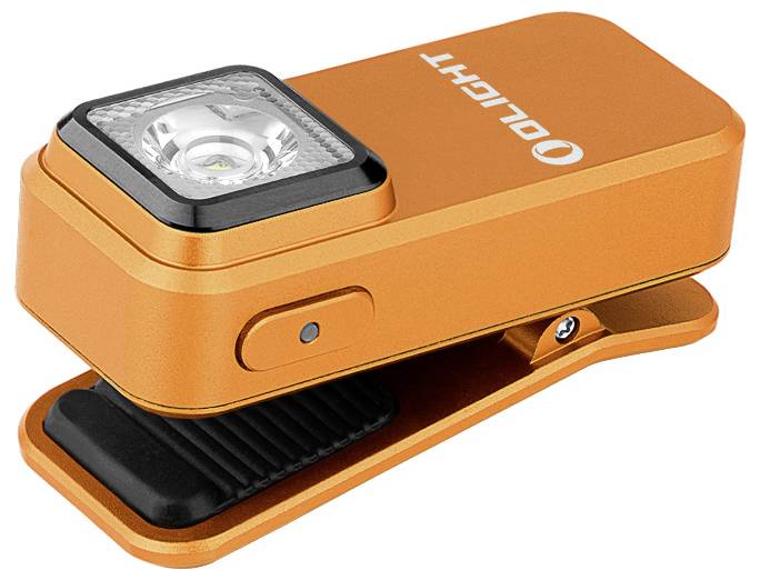 Une lampe LED compacte et orange avec clip, dotée d'une marque distinctive sur le dessus et d'une base de pince réglable, conçue pour un éclairage portable et polyvalent.
