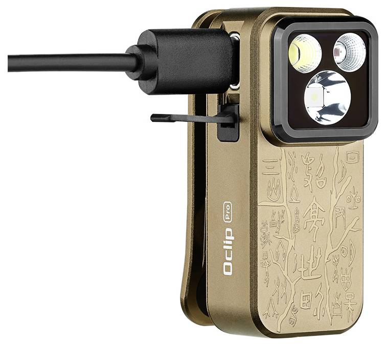 Lampe de charge multifonctionnelle Gold Oclip Pro avec gravures sophistiquées, dotée d'un port USB et de deux voyants LED pour l'éclairage.