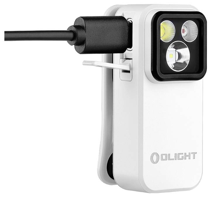 Un petit lampadaire Olight blanc avec un câble de recharge noir attaché, doté de deux lumières LED et d'un clip d'attache.
