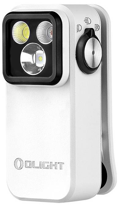 Une lampe de poche Olight compacte et blanche avec des sources de lumière duales et un commutateur rotatif sur le côté pour ajuster la luminosité.