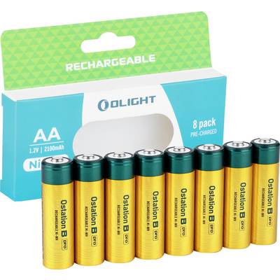 Huit batteries rechargeables Olight Ostation B Pro AA présentées avec leur emballage, chacune offrant une capacité de 1,2V et 2100mAh.