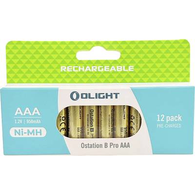 Un paquet de batteries AAA rechargeables Olight, lot de 12, Ni-MH, 1,2V, 950mAh, présenté dans une boîte bleue et verte avec la marque.
