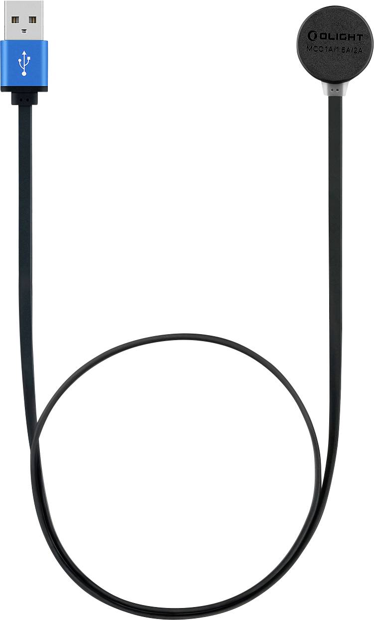 Un câble de recharge USB magnétique avec un connecteur USB-A bleu à une extrémité et une tête magnétique circulaire à l'autre extrémité.