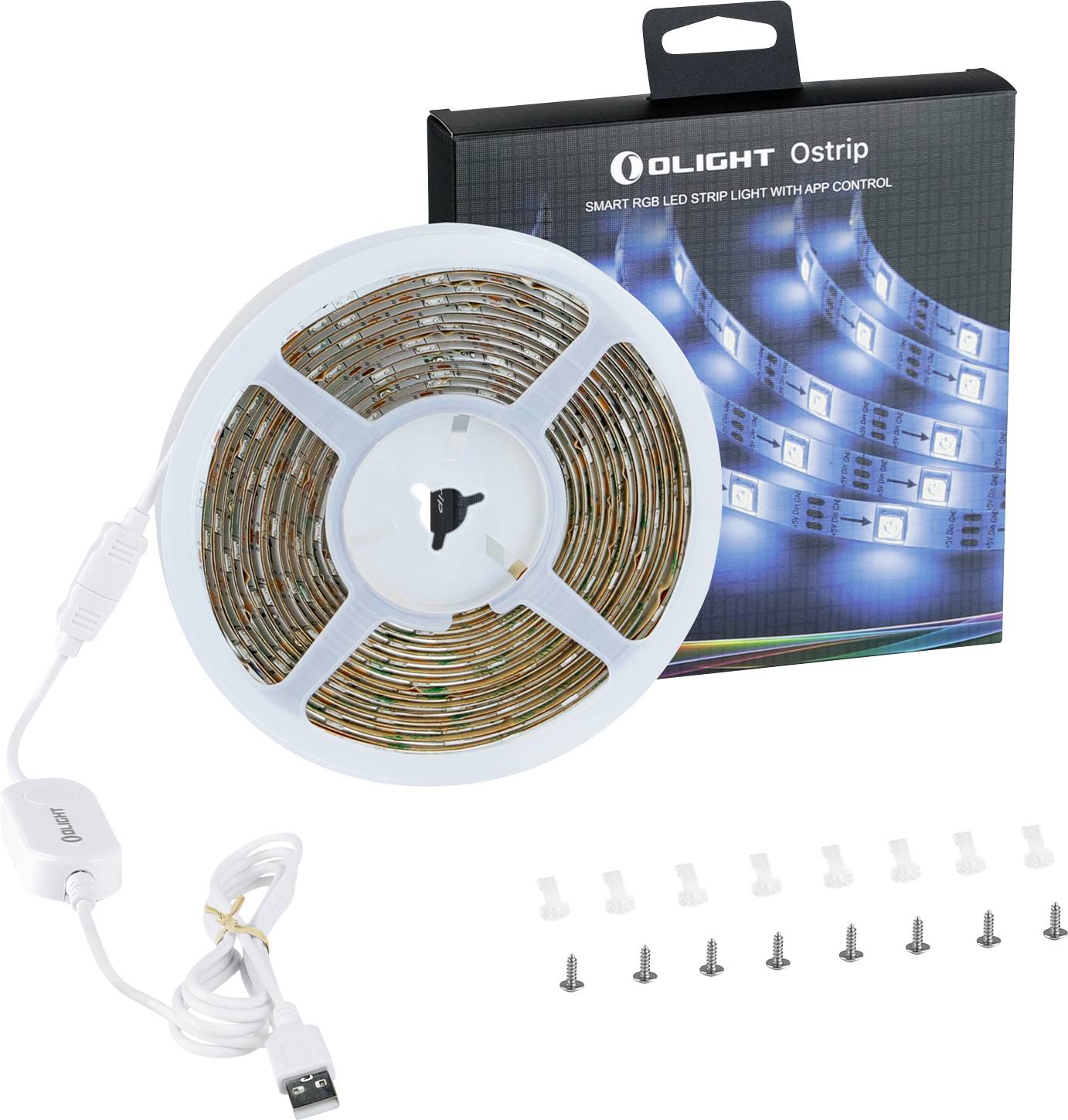 Ensemble de bande LED « OLIGHT Ostrip » avec câble USB, connecteurs, vis et emballage montrant l'éclairage par bande LED.