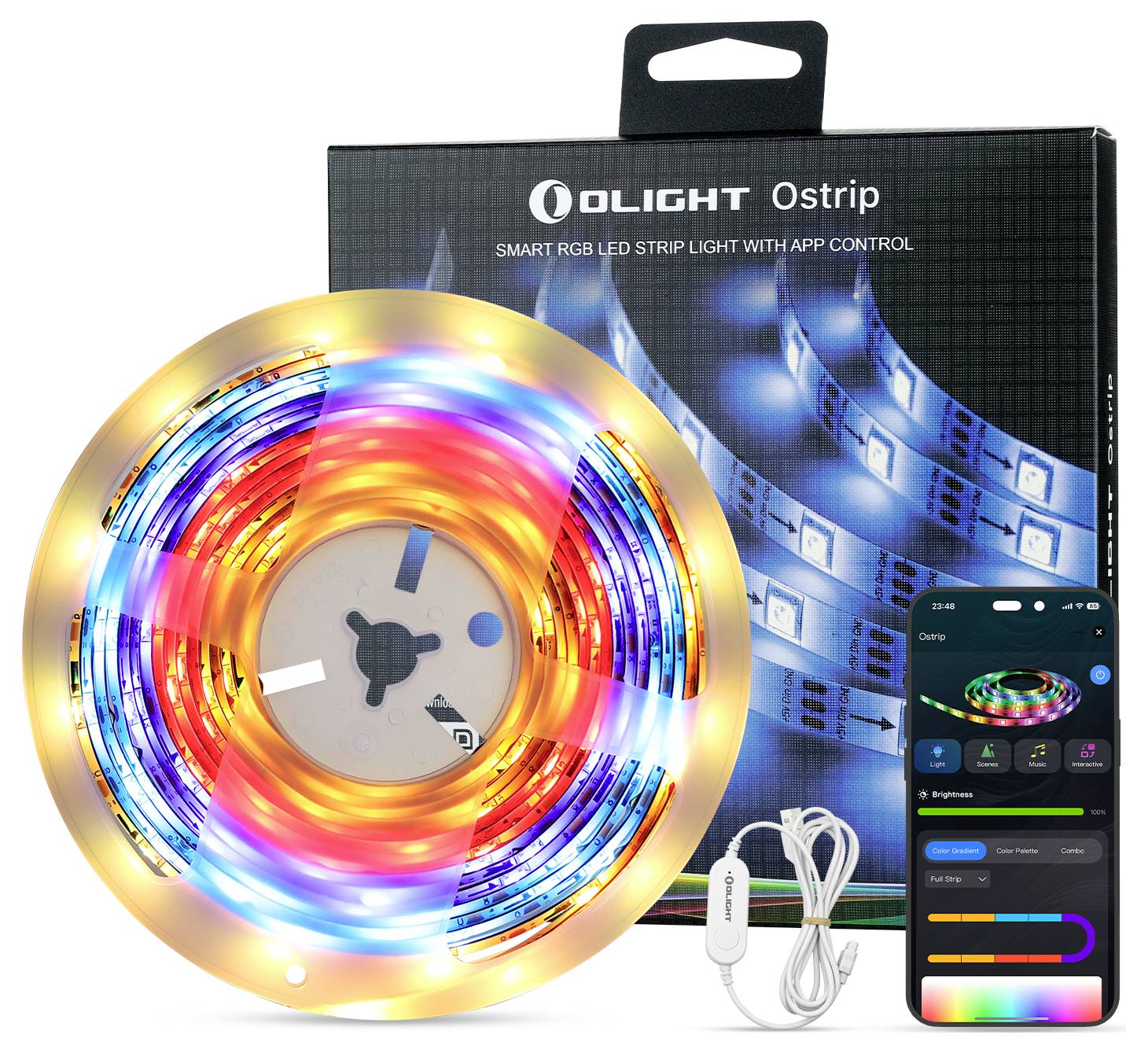 Bandes LED Olight Ostrip avec contrôle par application, présentant une bobine enroulée de lumières colorées, une boîte d'emballage et une interface d'application pour smartphone.
