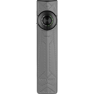 Une lampe de poche Olight élégante avec un bouton de commande circulaire noir au centre, entouré de motifs de gravure géométrique décoratifs.