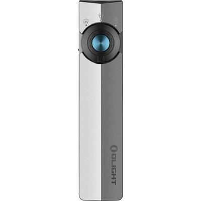 Un appareil portatif argenté et noir avec un bouton bleu central, présentant des icônes pour l'alimentation, la luminosité et la connectivité, de marque « OLIGHT ».