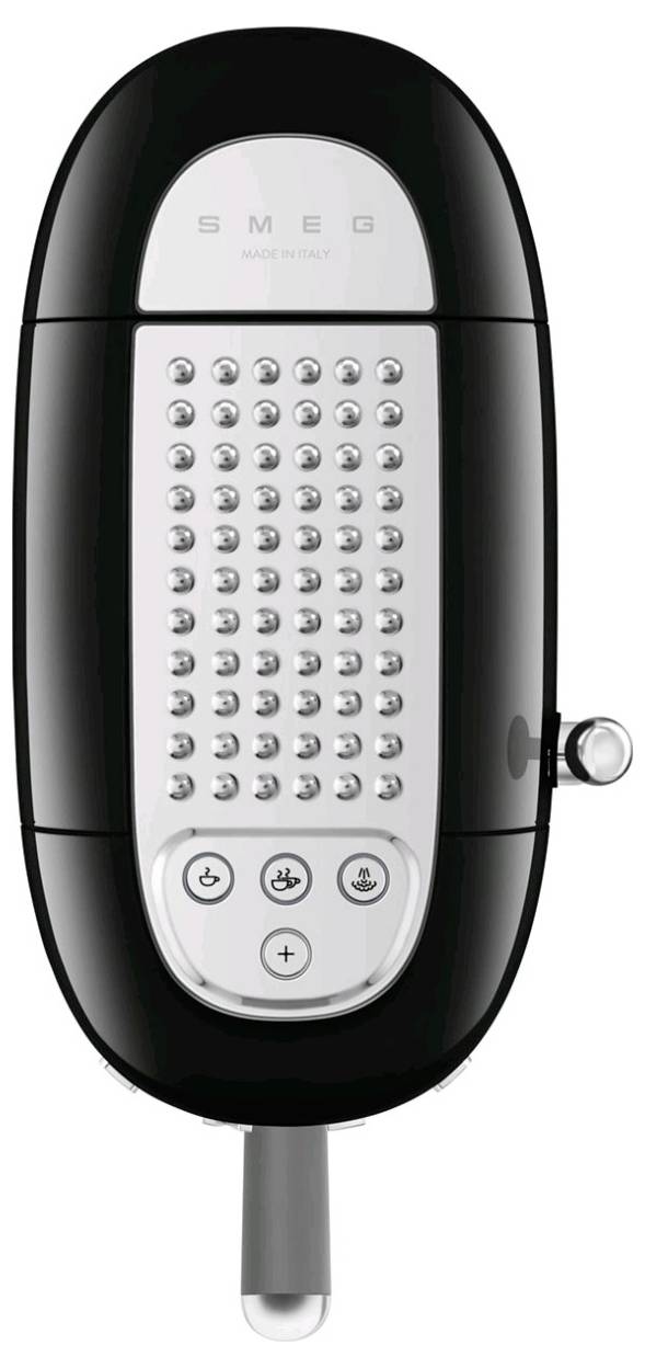 Mousseur à lait Smeg noir avec surface de commande argentée et plusieurs boutons pour contrôler les fonctions.