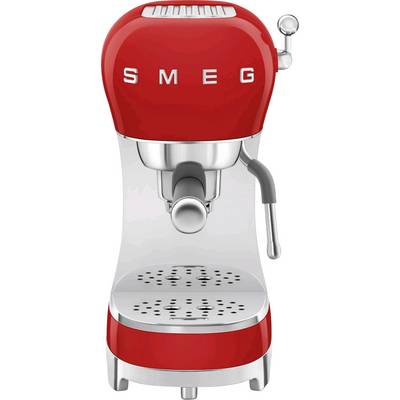 Machine à espresso rouge de style rétro avec des accents chromés, logo de marque « Smeg » sur la face avant.