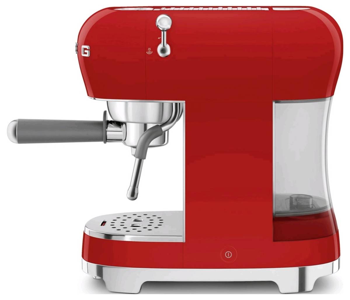 Machine à espresso rouge compacte avec réservoir d'eau latéral et porte-filtre, adaptée à une utilisation domestique sur le plan de travail de la cuisine.