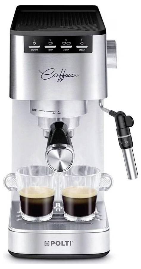 Machine à café argentée avec deux verres en dessous. Sur la machine est écrit « Coffee ». Elle a des boutons pour Espresso, Lungo et Vapeur.