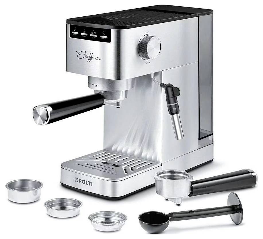 Machine à espresso argentée avec buse vapeur, quatre paniers filtres différents et une cuillère à café. Idéale pour la préparation d'espresso.