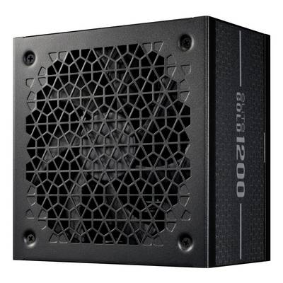 Une unité d'alimentation électrique pour ordinateur de couleur noire avec un motif de ventilation géométrique, présentant l'étiquette « E750 Gold 1200 » sur le côté.