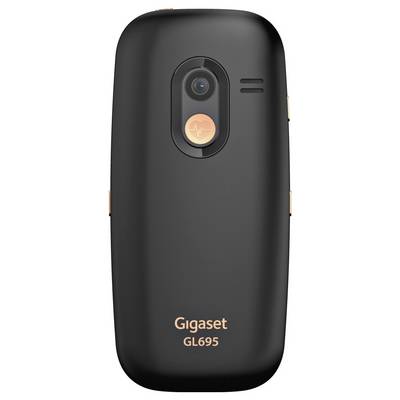 Téléphone à clapet noir avec appareil photo et haut-parleur à l'arrière, étiqueté « Gigaset GL695 ».