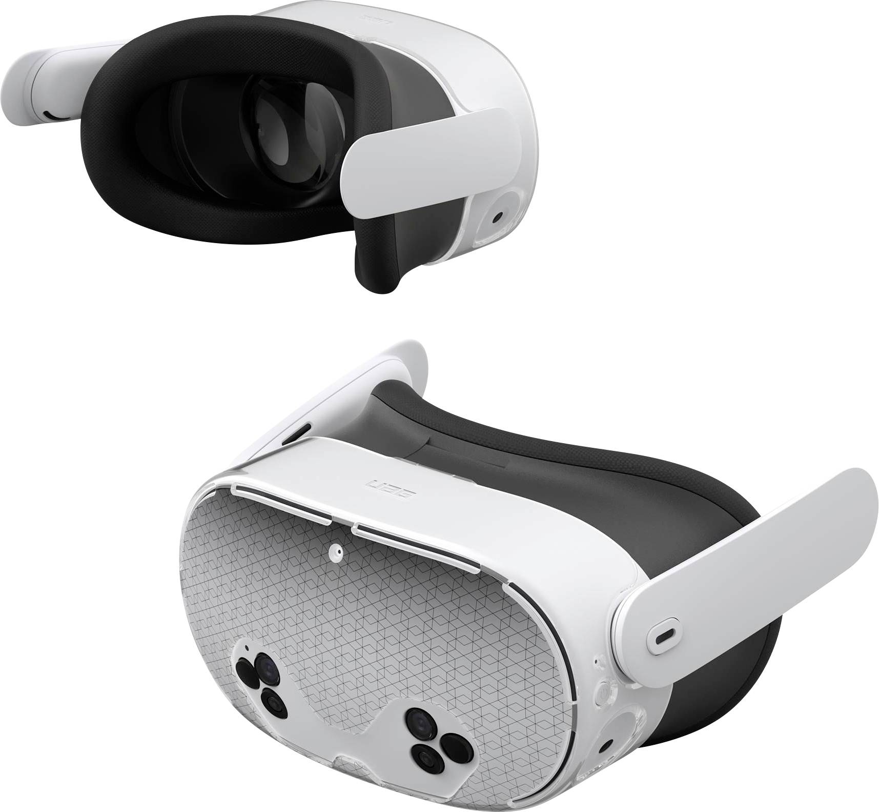 Un casque de réalité virtuelle blanc avec un intérieur noir et quatre capteurs de caméra sur le devant, présentant un design de surface texturisé.