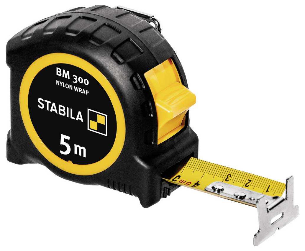 Un mètre ruban Stabila noir et jaune avec une lame enrobée de nylon de 5 mètres partiellement déroulée, doté d'un boîtier robuste en caoutchouc.