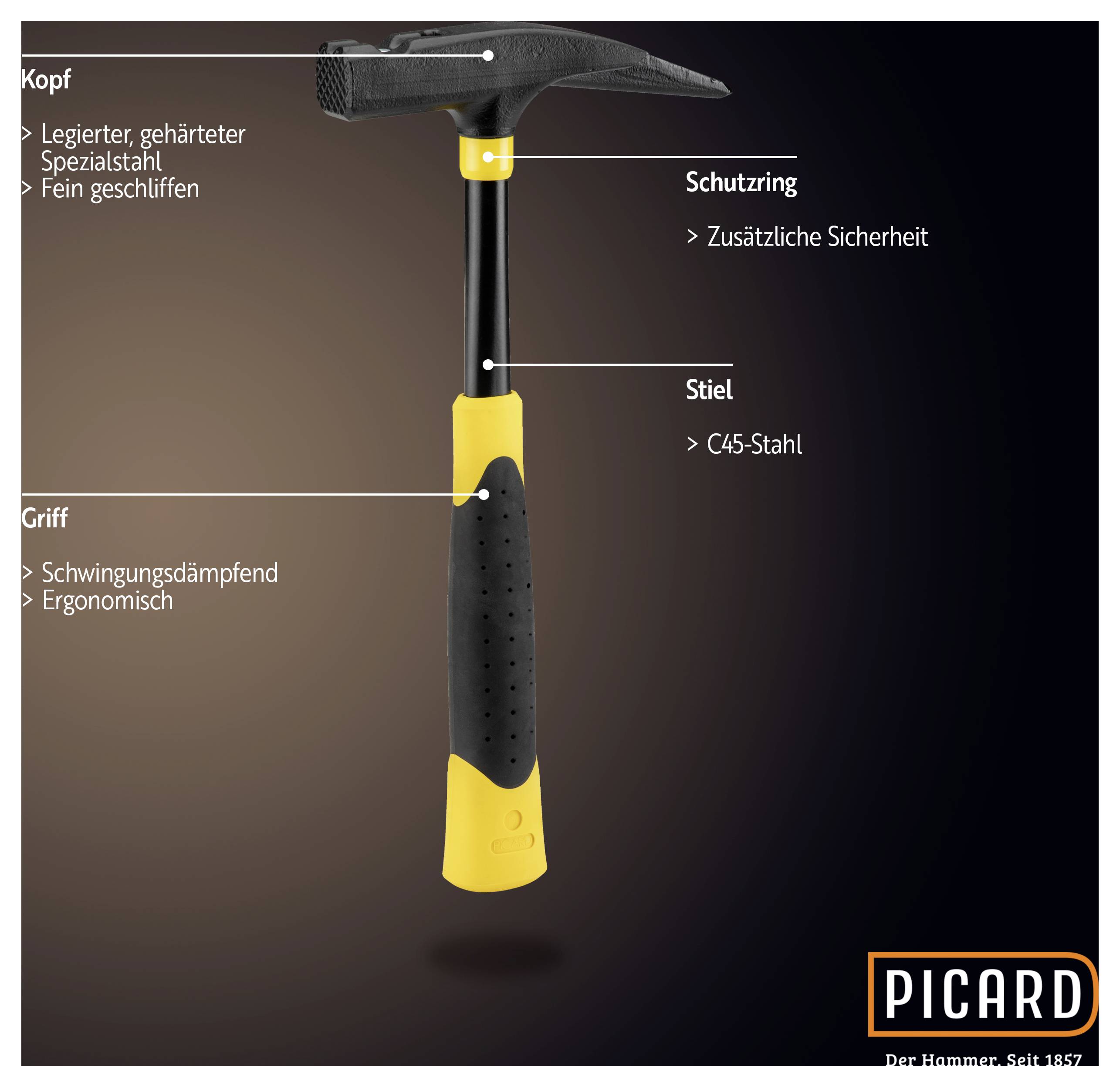 Marteau de Picard avec poignée ergonomique amortissant les vibrations, fût en acier allié et tête durcie pour une sécurité accrue.