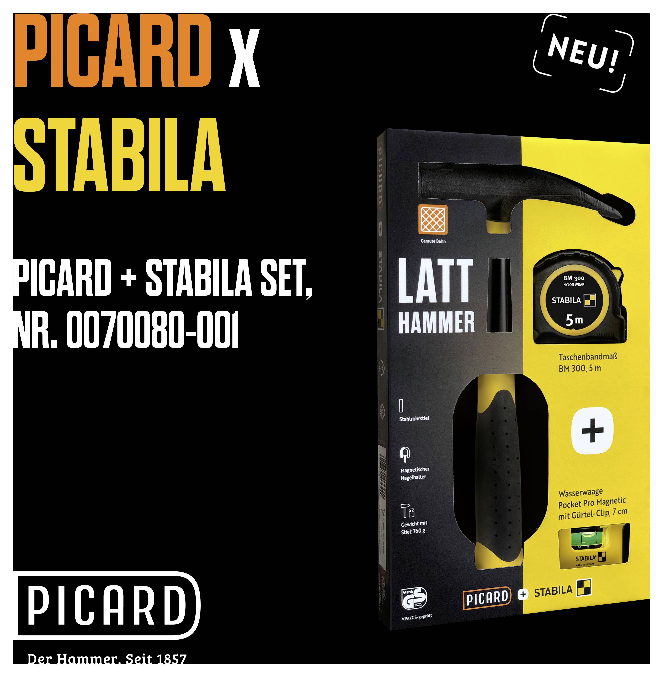 Ensemble d'outils « PICARD x STABILA » incluant un marteau de menuisier et un marteau de poche, mètre ruban jaune. Inscription : « PICARD + STABILA SET, NR. 0070080-001 ».
