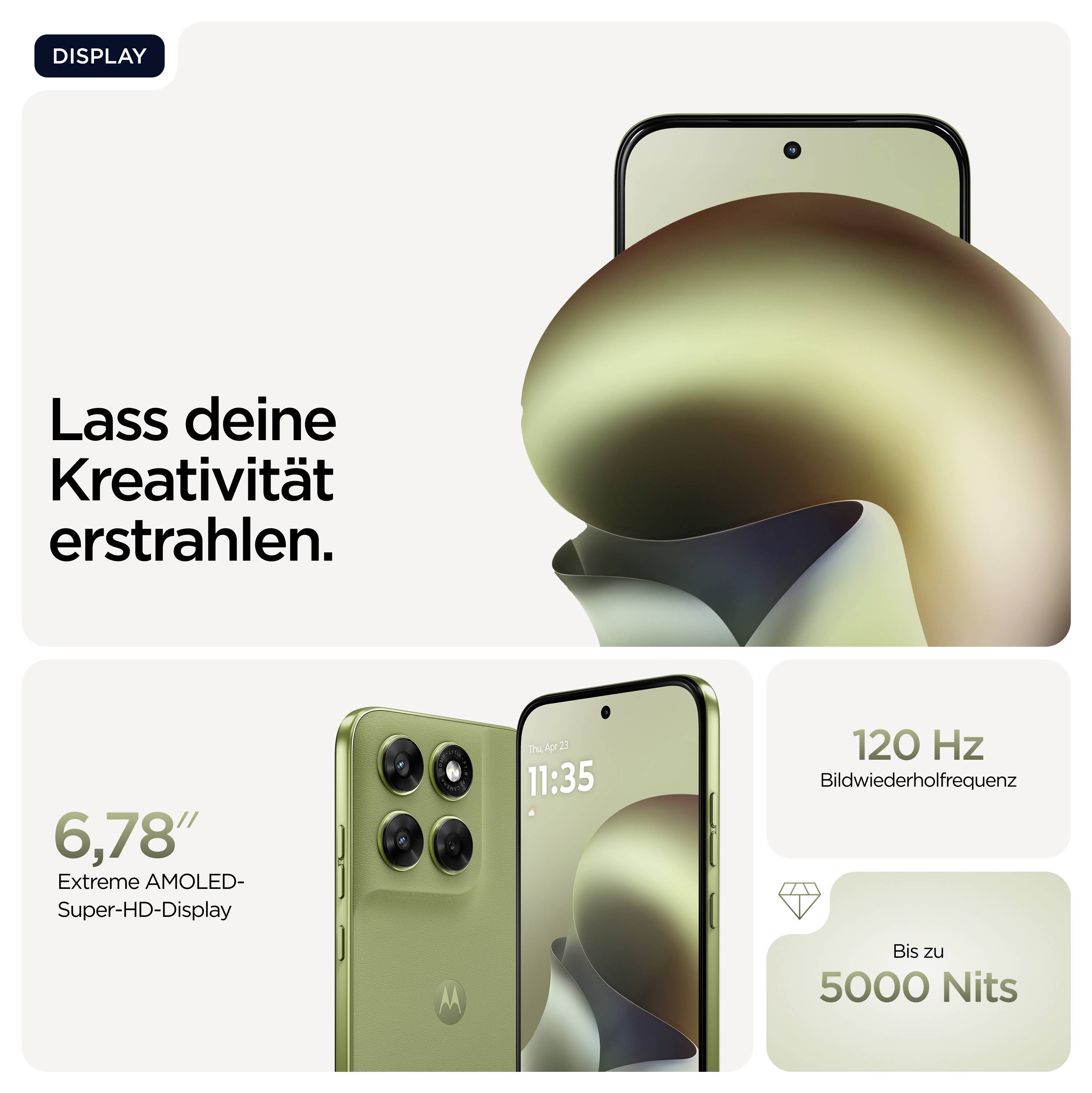 Un smartphone vert avec trois caméras, écran de 6,78 pouces, fréquence de rafraîchissement de 120 Hz, jusqu'à 5000 nits de luminosité. Texte : « Laisse ta créativité briller. »