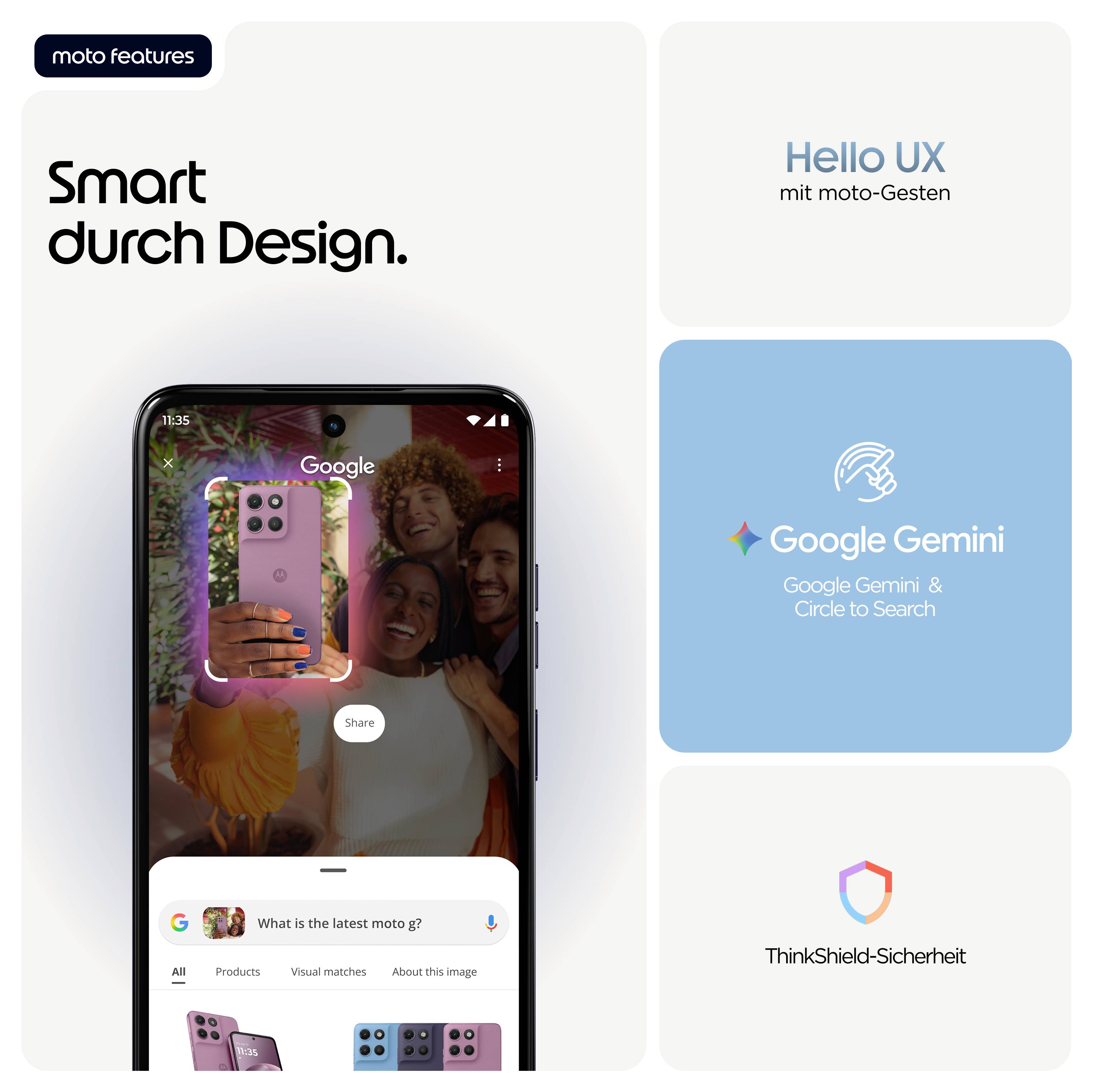 « Intelligent par le design. » Un smartphone affiche la fonction de reconnaissance des gestes. Les fonctionnalités telles que Hello UX et Google Gemini sont mises en évidence.