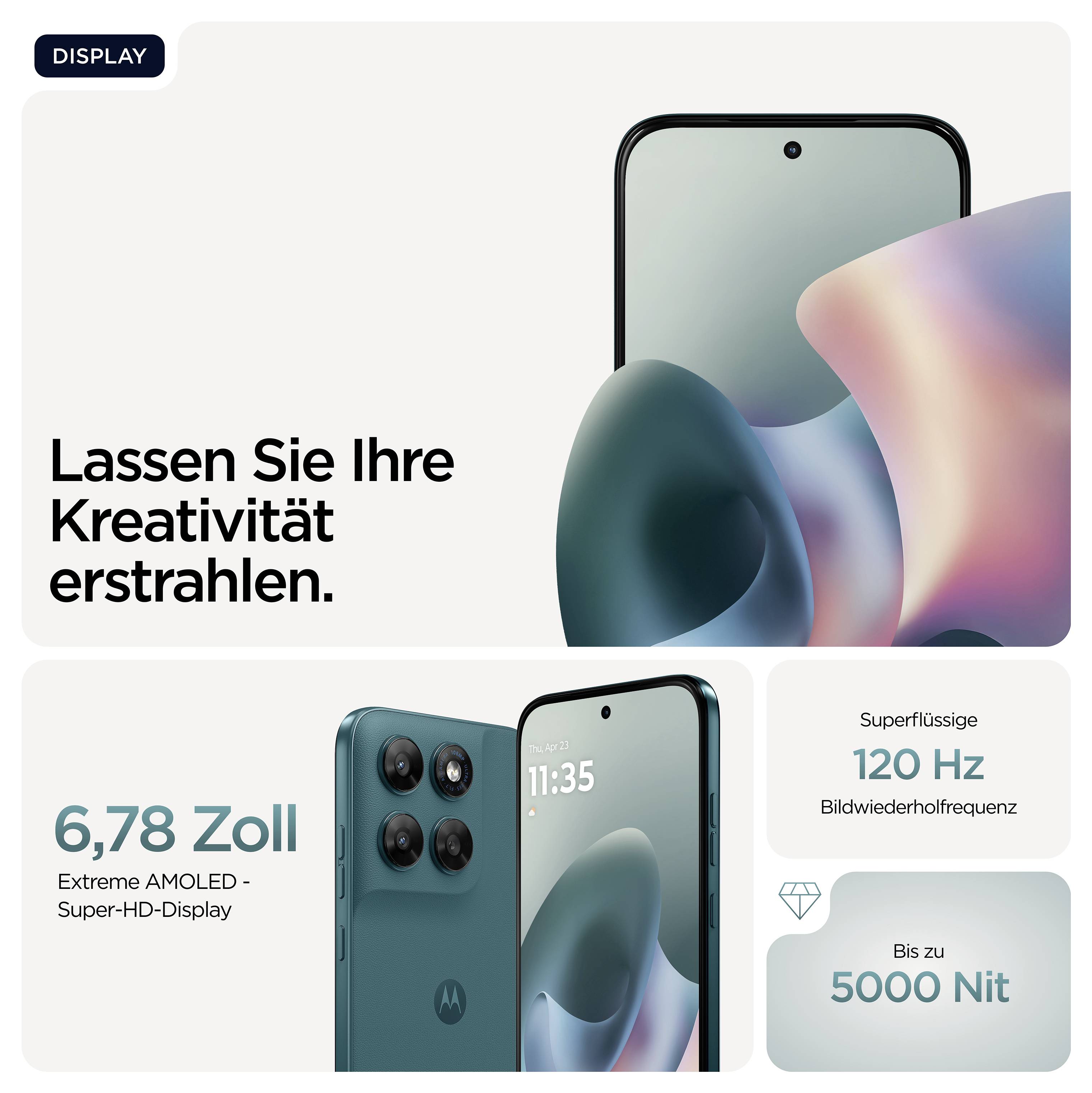 La publicité pour smartphone affiche un modèle avec un écran Super HD, 6,78 pouces, fréquence de rafraîchissement de 120 Hz et une luminosité de 5000 nits. Texte : « Laissez votre créativité briller. »