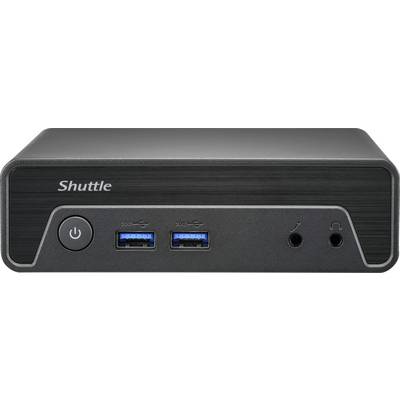 Un mini PC compact noir de Shuttle avec un bouton d'alimentation, deux ports USB et deux prises audio sur le panneau frontal, conçu pour un informatique efficace.