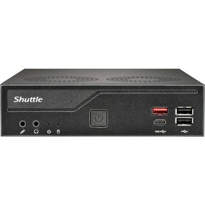 Un boîtier informatique noir compact de la marque « Shuttle », doté d'un bouton d'alimentation, de prises casque et microphone, d'un port USB-C et de plusieurs ports USB.