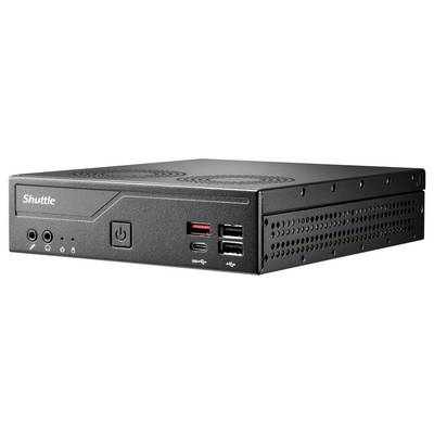 Un ordinateur Shuttle noir compact avec des ports à l'avant incluant deux USB 3.0, USB-C et des prises audio. Adapté à un usage professionnel ou domestique.