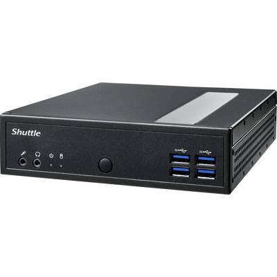 Un ordinateur compact noir avec le nom de marque « Shuttle » sur la façade avant, équipé de plusieurs ports USB et de prises audio.