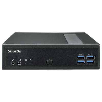 Un mini PC Shuttle noir avec des ports avant incluant l'USB 3.0, des prises audio et un bouton d'alimentation.