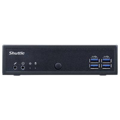 Un panneau avant d'ordinateur Shuttle compact noir avec plusieurs ports USB, des prises audio et un bouton d'alimentation.