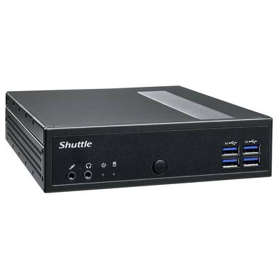 Un ordinateur Shuttle compact noir avec plusieurs ports USB à l'avant, conçu pour une utilisation de bureau.