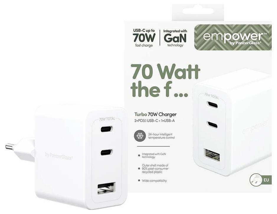 Emballage du chargeur GaN 'Empower' 70W avec deux ports USB-C, un port USB-A, prise EU, charge rapide, et revendications de matériau blanc.