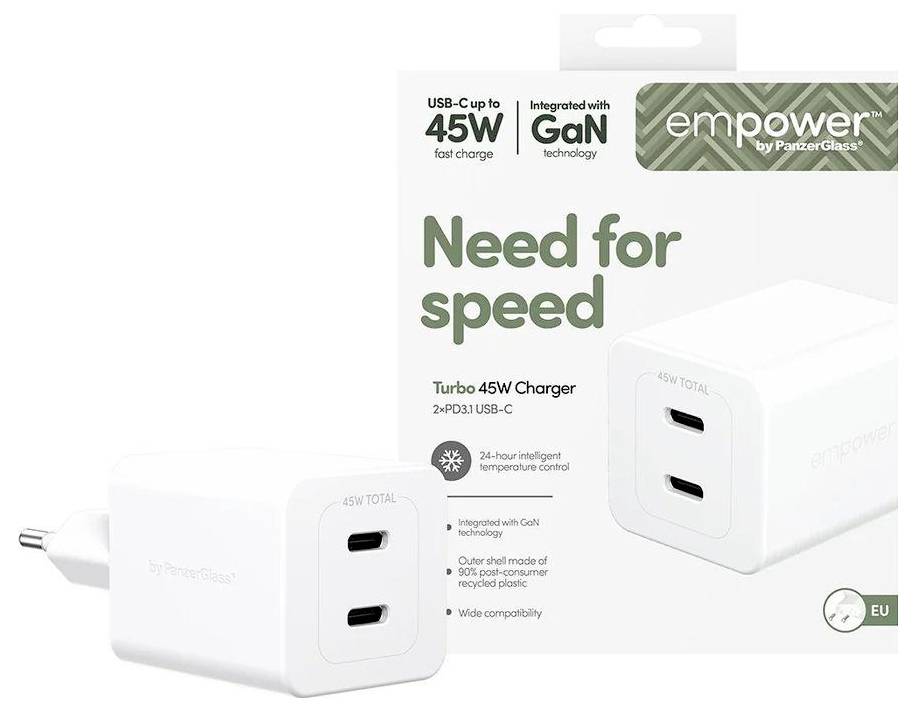Chargeur USB-C GaN 45W « Need for speed » avec ports doubles pour une charge rapide, présenté avec emballage mettant en évidence les caractéristiques.