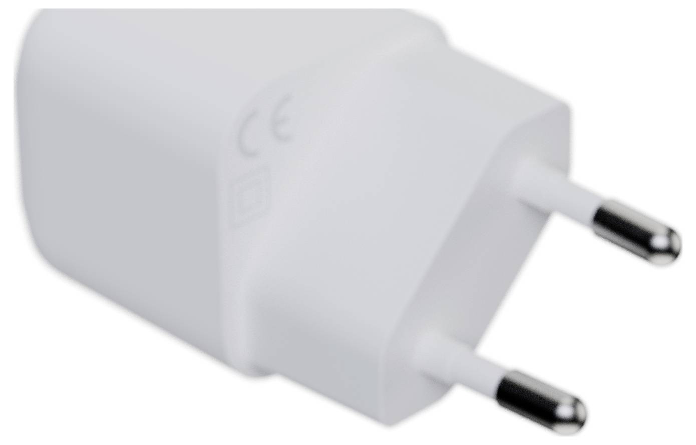 Un adaptateur de prise électrique blanc à deux broches vu de côté, montrant un design compact sans marque ni inscription visible.