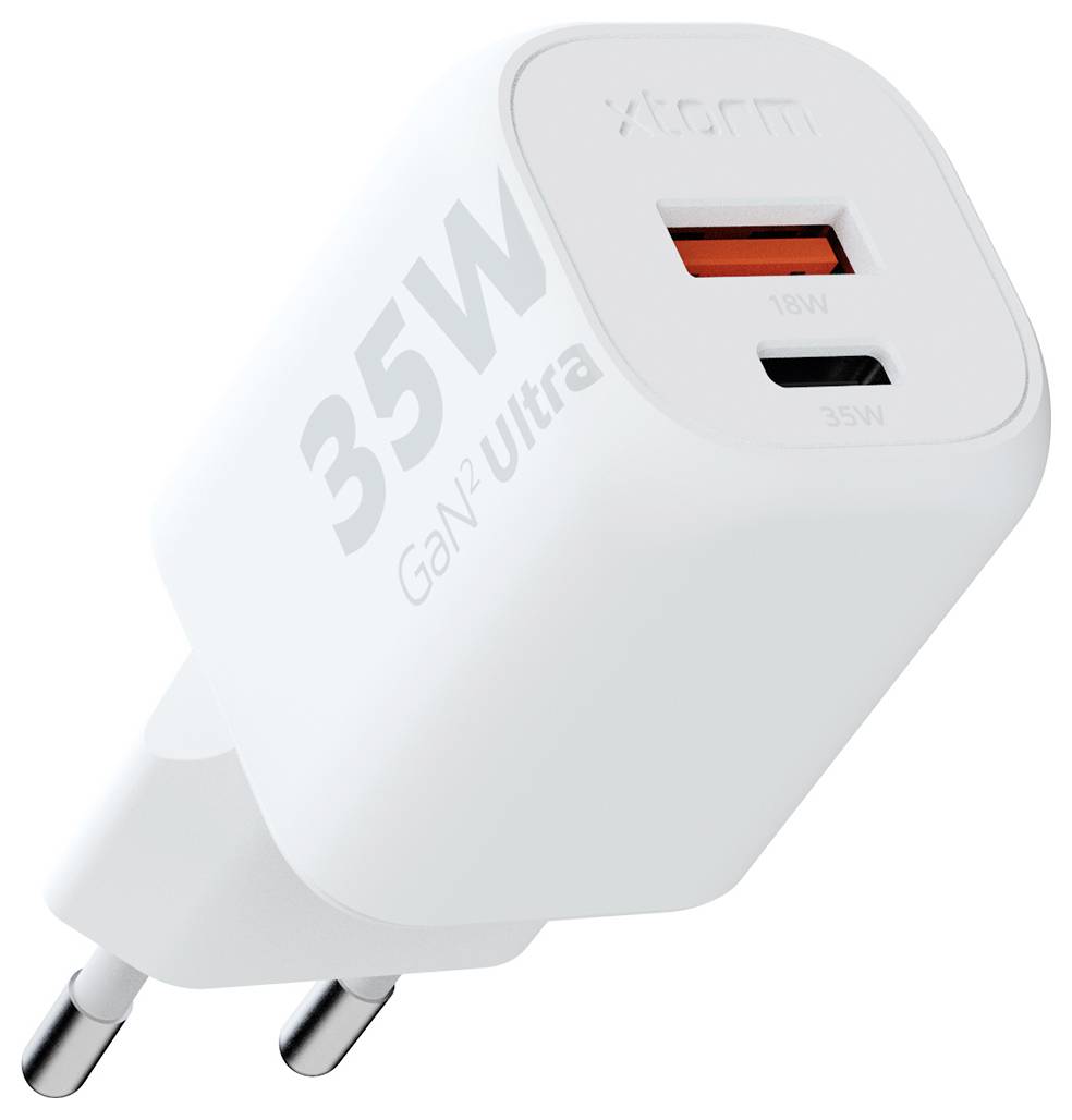 Un chargeur GaN Ultra blanc de 35W avec deux ports, comprenant un port USB-C et un port USB-A.