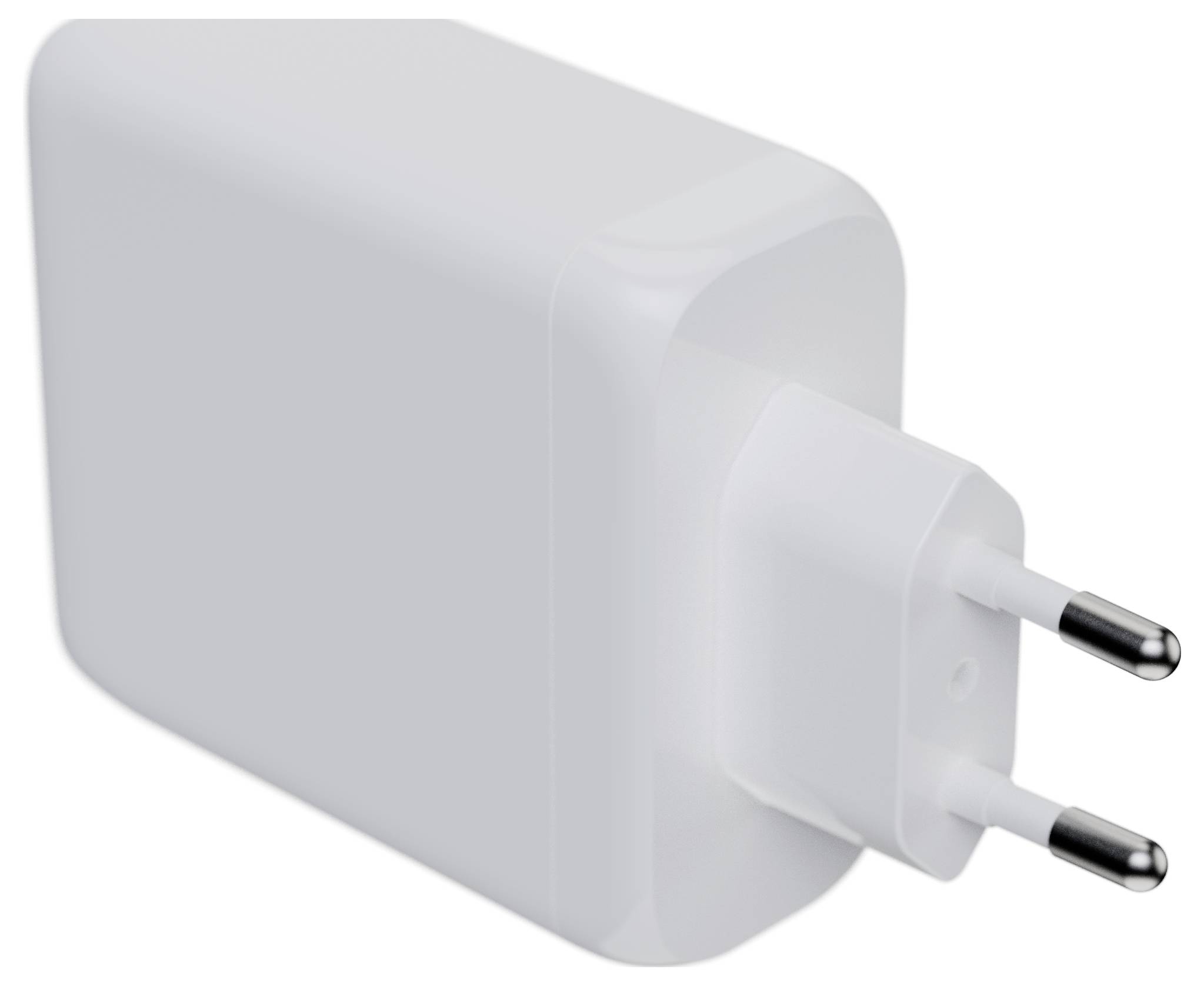 Un chargeur mural blanc de forme rectangulaire avec deux broches, conçu pour être utilisé avec les prises de courant européennes, positionné à un angle.